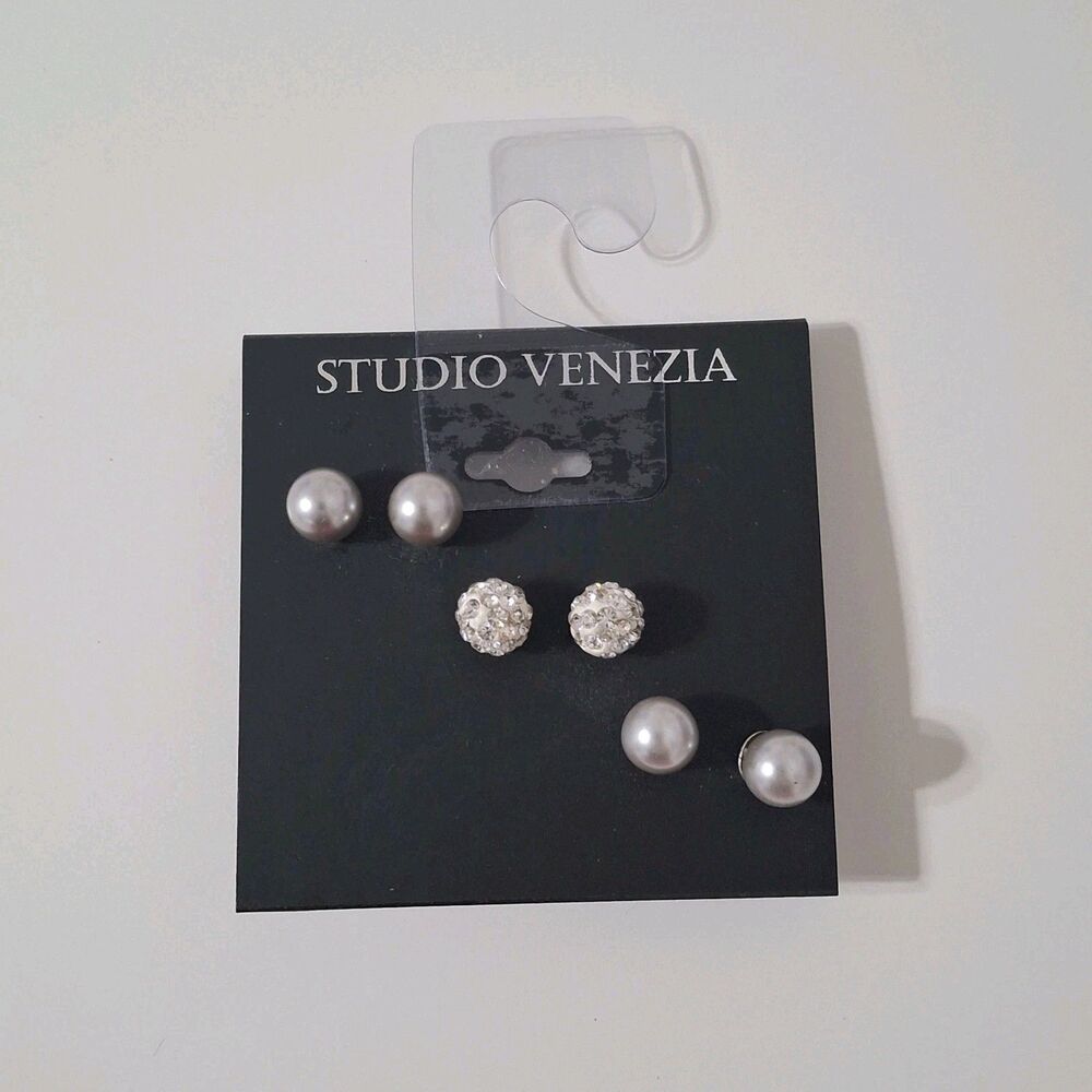 Studio Venezia Lot of Three Sets Earrings Gray Faux Pearl Rhinestone Clear Round